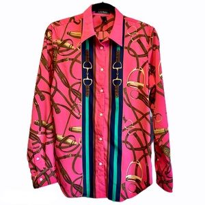Ralph Lauren Pink Horsebit Equestrian Print Blouse